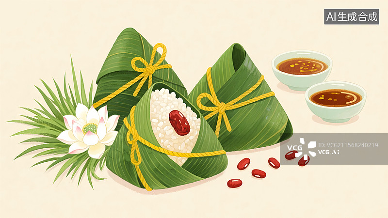 【AI数字艺术】端午节，粽子，红豆，荷花，插图图片素材