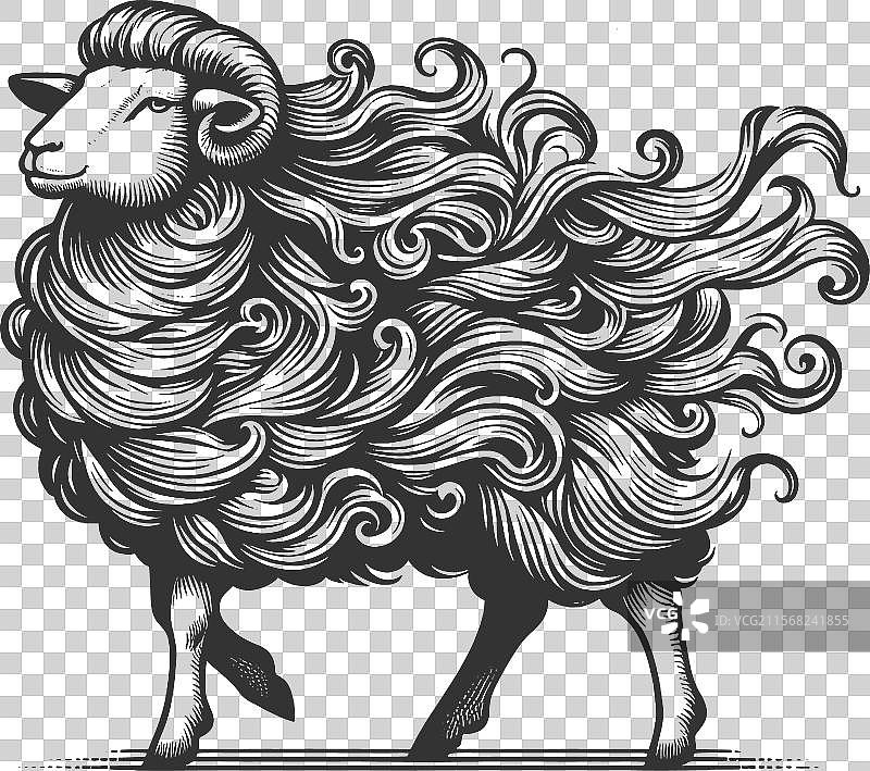 毛茸茸的羊雕刻素描图片素材