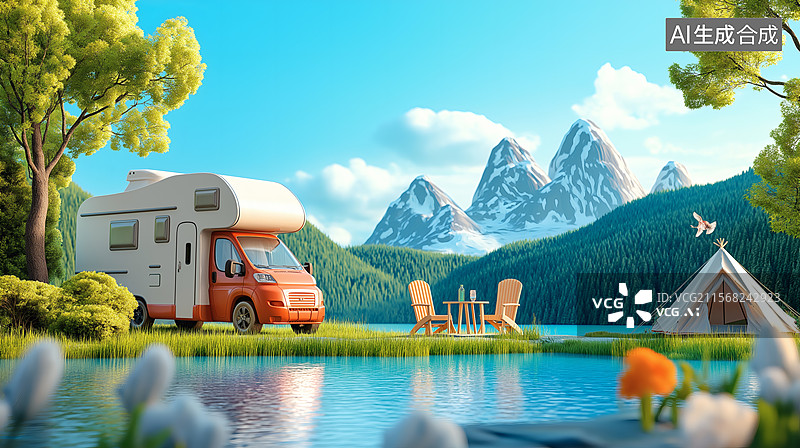 【AI数字艺术】山湖边露营房车图片素材