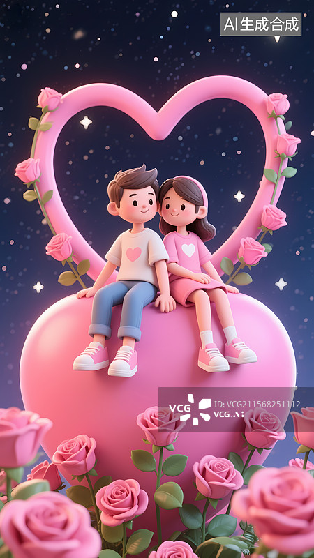 【AI数字艺术】坐在爱心上的一对情侣情人节三维场景图片素材