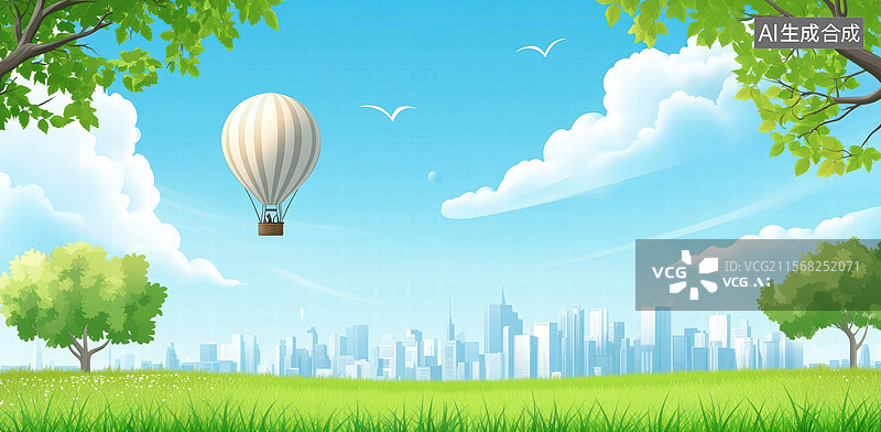 【AI数字艺术】热气球飘过绿野蓝天图片素材