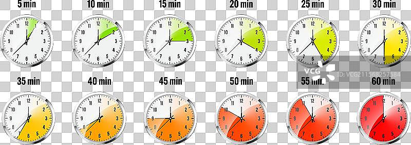 墙壁钟表和计时器图标，闪亮的金属质感图片素材