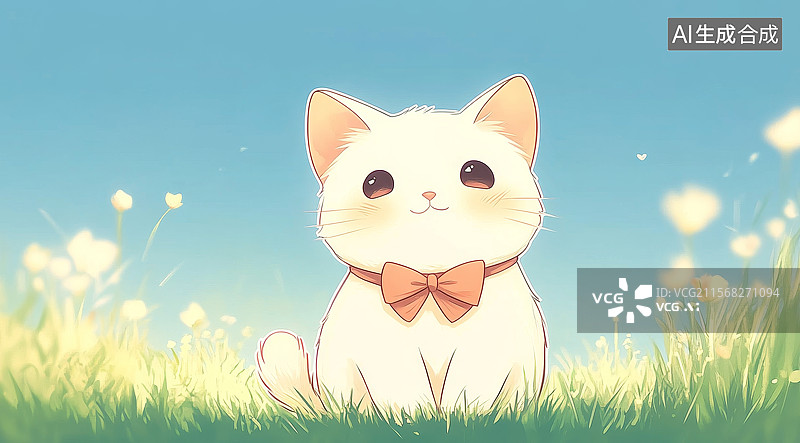 【AI数字艺术】可爱的白色小猫戴着蝴蝶结坐在草地上图片素材