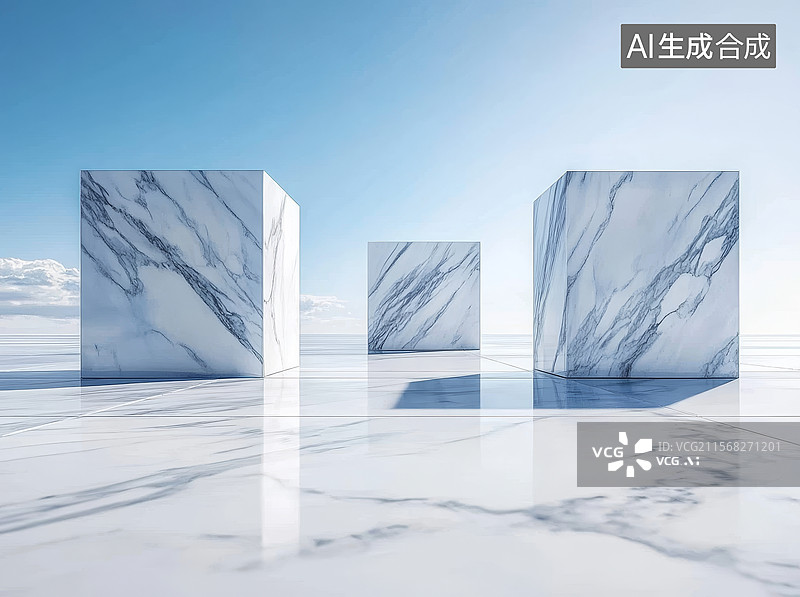 【AI数字艺术】大理石立方体在光滑地面上图片素材