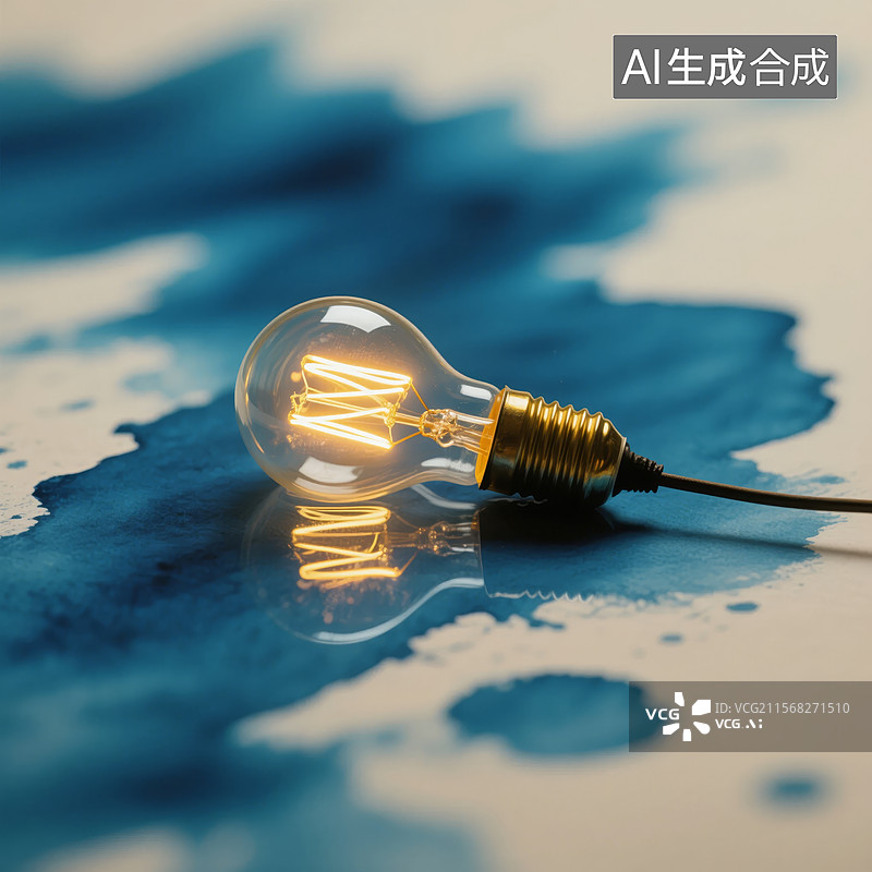 【AI数字艺术】发光灯泡与蓝色水渍图片素材