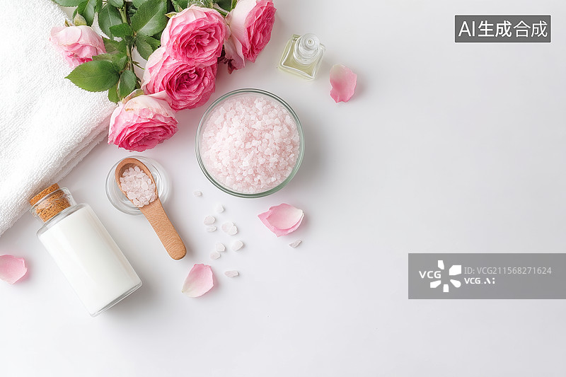 【AI数字艺术】粉色玫瑰花瓣与浴盐的美容护理套装图片素材