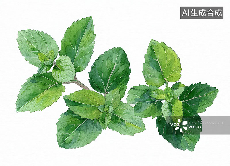 【AI数字艺术】水彩画风格的薄荷叶图片素材