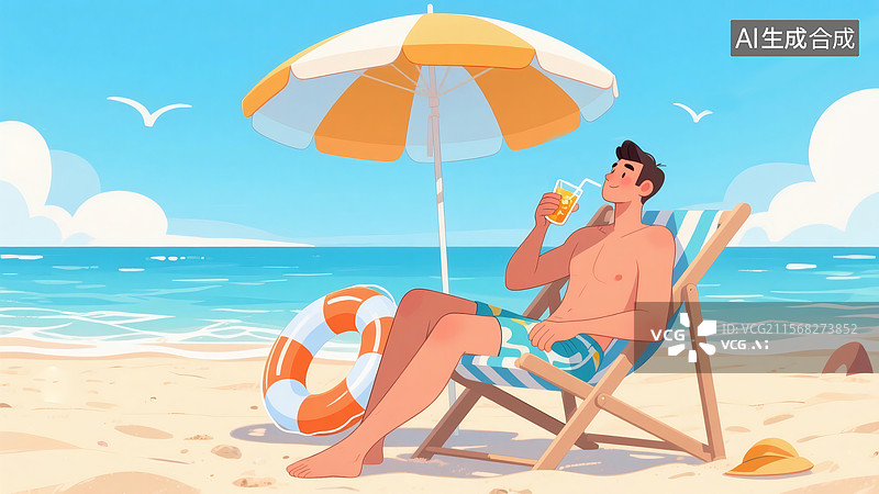【AI数字艺术】一个男人坐在沙滩上喝饮料插画图片素材