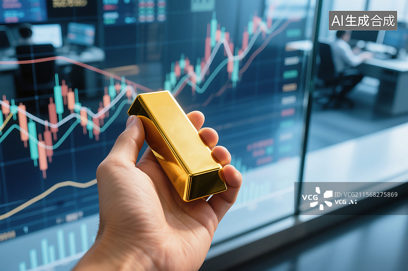 【AI数字艺术】手拿金条的商务特写，背景是价格K线图走势图片素材