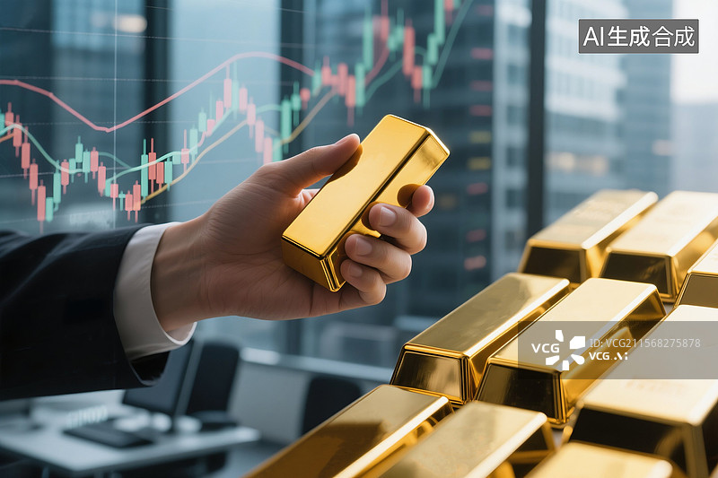 【AI数字艺术】手拿金条的商务特写，背景是价格K线图走势图片素材