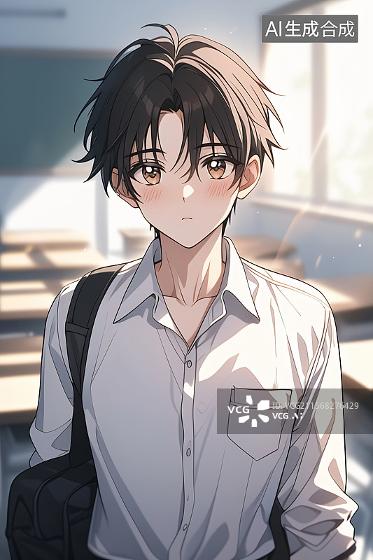 【AI数字艺术】校园里的男大学生肖像，青春爱情小说图书封面图片素材