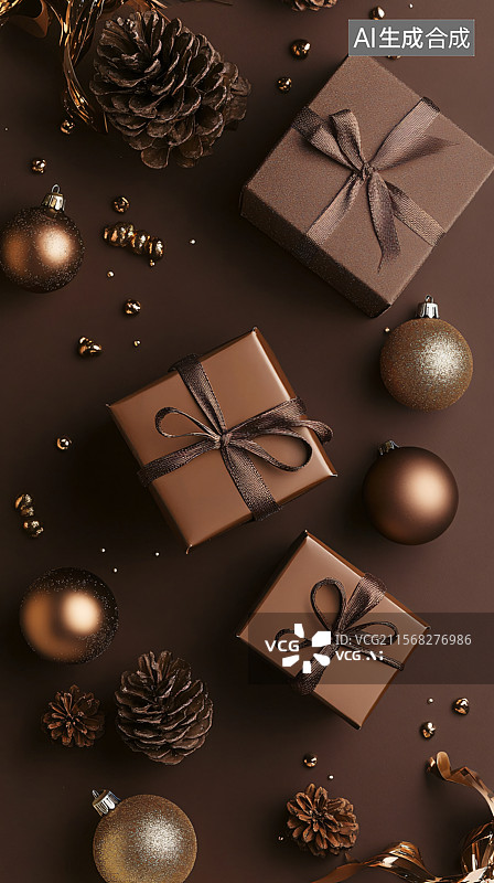 【AI数字艺术】褐色礼物盒与缎带，象征购物和赠送礼物的概念，非常适合假日庆祝和特殊场合。图片素材
