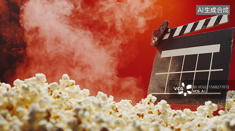 【AI数字艺术】红色背景上的爆米花，象征着电影工业、票房成功和电影的兴奋。干净的背景和留白突出了娱乐概念，非常适合用图片素材