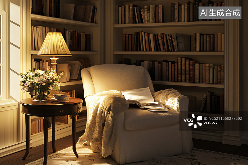 【AI数字艺术】温馨的书房配有舒适的沙发，营造出一个温暖宜人的空间，非常适合放松、阅读或在宁静的环境中工作。图片素材