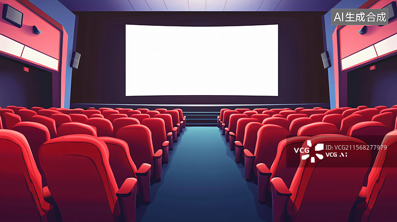【AI数字艺术】电影院，座位和大屏幕，展示了在宽敞、干净的环境中享受完美观影体验，旨在提供舒适和娱乐。图片素材