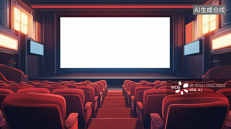 【AI数字艺术】电影院，座位和大屏幕，展示了在宽敞、干净的环境中享受完美观影体验，旨在提供舒适和娱乐。图片素材