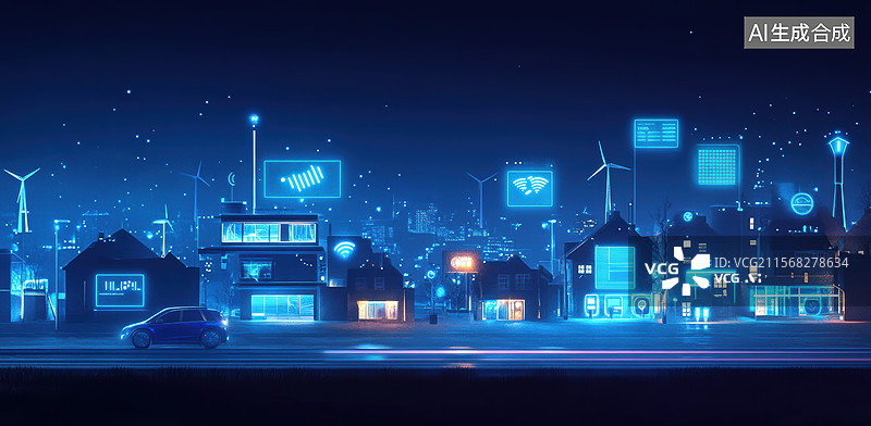 【AI数字艺术】城市上空覆盖着各种科技图标和连接线，象征着物联网、智能城市和网络连接的概念。图片素材