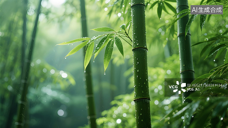 【AI数字艺术】雨后翠绿的竹子，宁静的绿色竹林图片素材