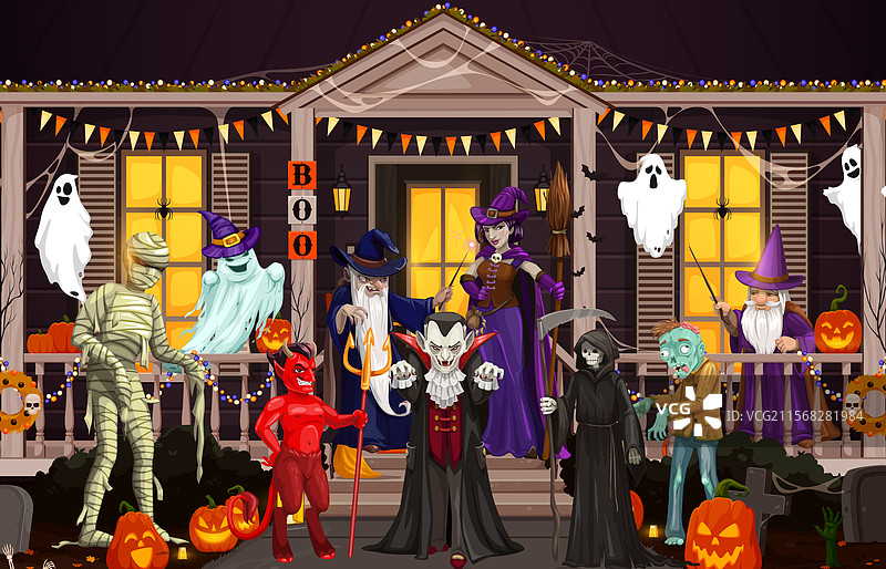 万圣节角色在假日门廊上图片素材