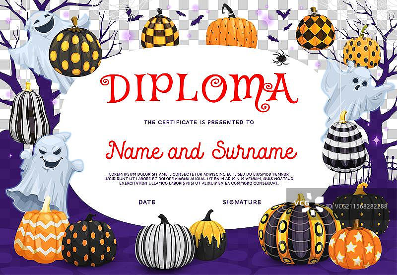万圣节儿童文凭与卡通鬼魂和南瓜图片素材