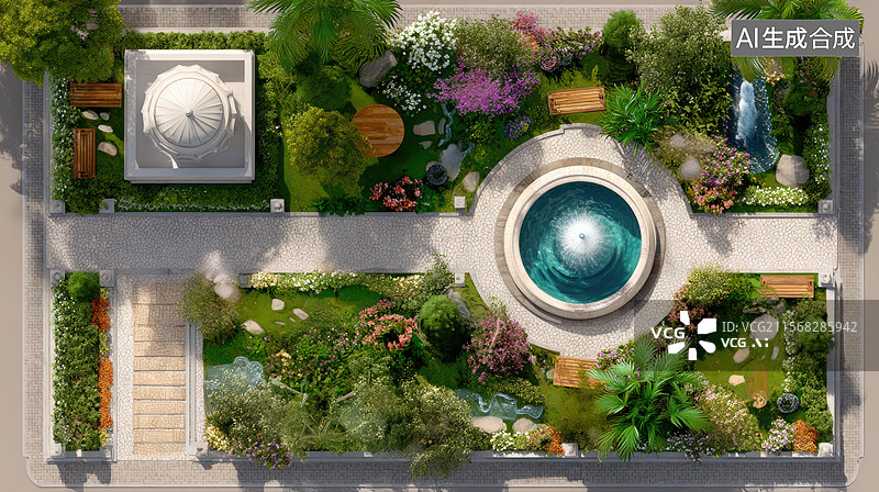 【AI数字艺术】俯视图中的花园景观设计图片素材
