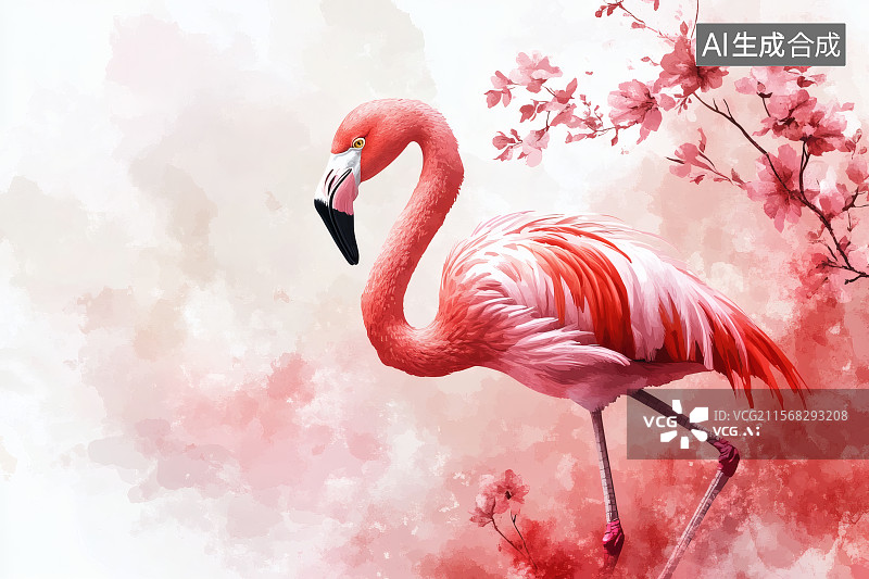 【AI数字艺术】一只火烈鸟插画，左边留白图片素材