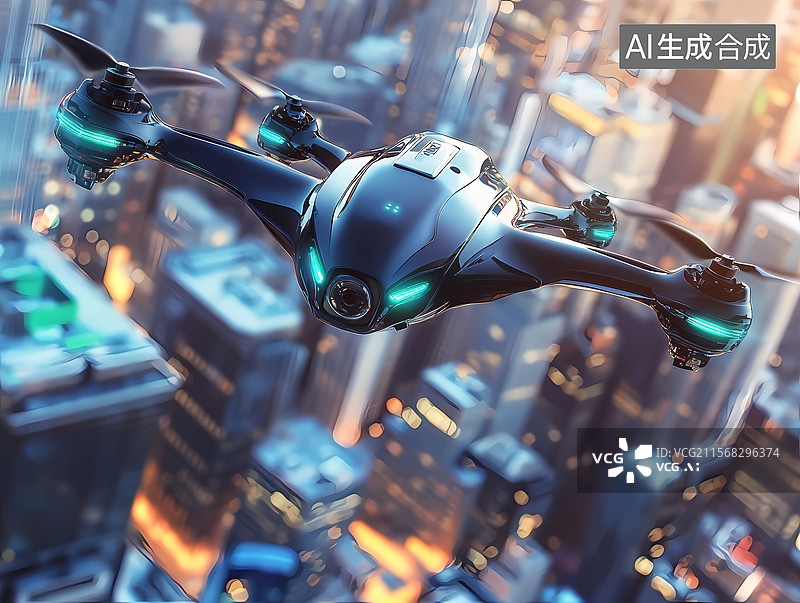 【AI数字艺术】未来派黑色无人机翱翔城市上空图片素材