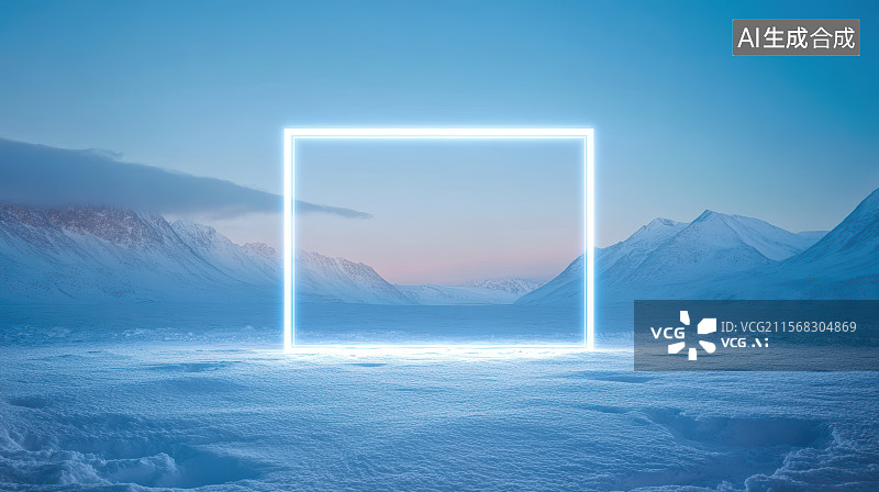 【AI数字艺术】日落时的冬季雪景风光与发光的长方形线框科技概念图片素材