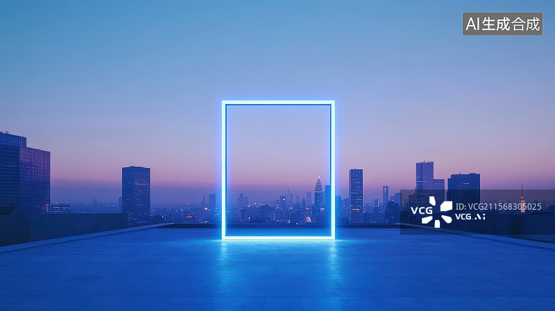 【AI数字艺术】日落时分城市风光道路平台和发光长方形线框科技概念图片素材