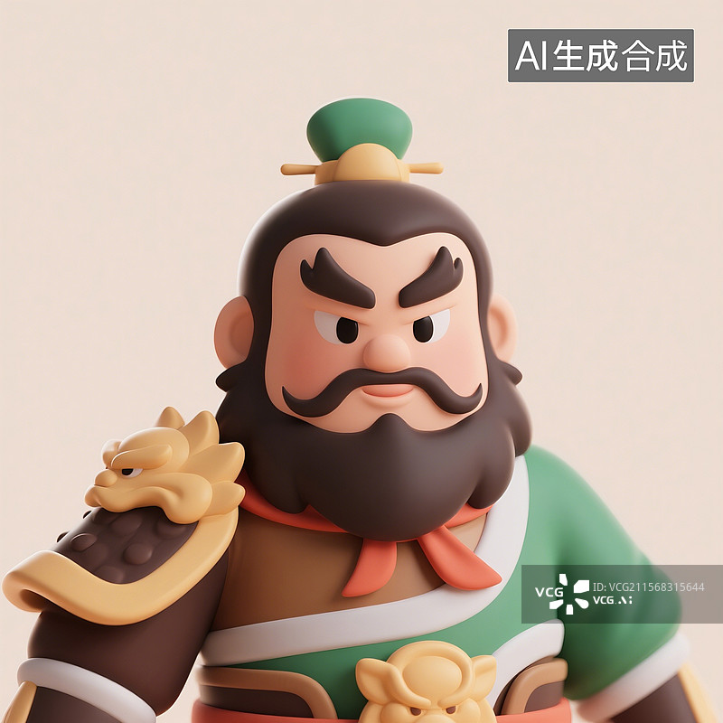 【AI数字艺术】3D渲染中国风古代卡通人物，门神张飞，武将，将军，拿着兵器的将军，历史名人图片素材