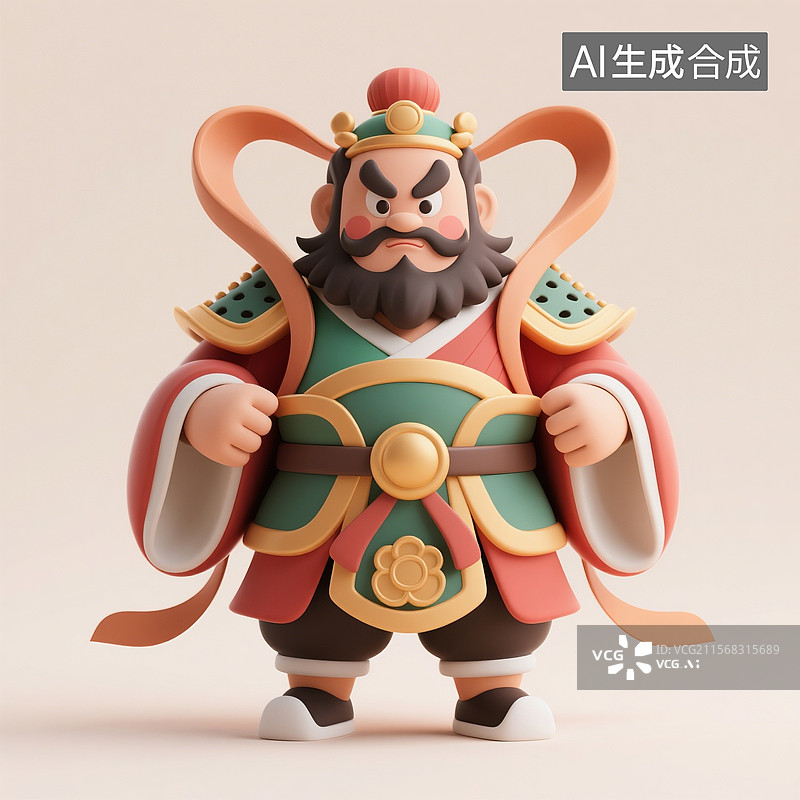 【AI数字艺术】3D渲染中国风古代卡通人物，门神张飞，武将，将军，拿着兵器的将军，历史名人图片素材