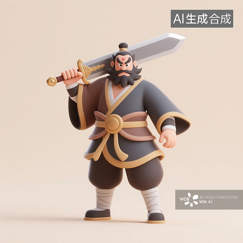【AI数字艺术】3D渲染中国风古代卡通人物，门神张飞，武将，将军，拿着兵器的将军，历史名人图片素材