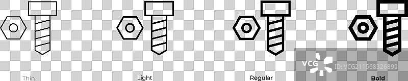 紧固件图标，细线、常规和粗体风格图片素材