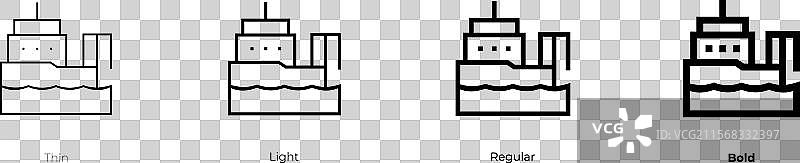 钓鱼船图标，细线、常规和粗体款式图片素材