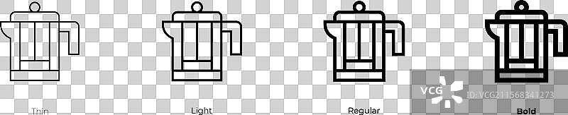 法式压滤咖啡壶图标，细体、常规体和粗体图片素材