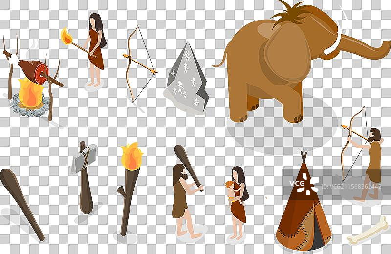 石器时代元素的3D等距平面图集图片素材