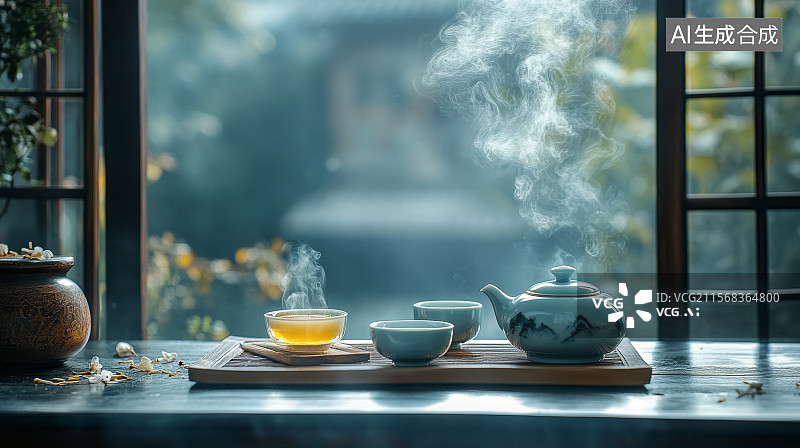 【AI数字艺术】茶具与蒸汽在窗边图片素材