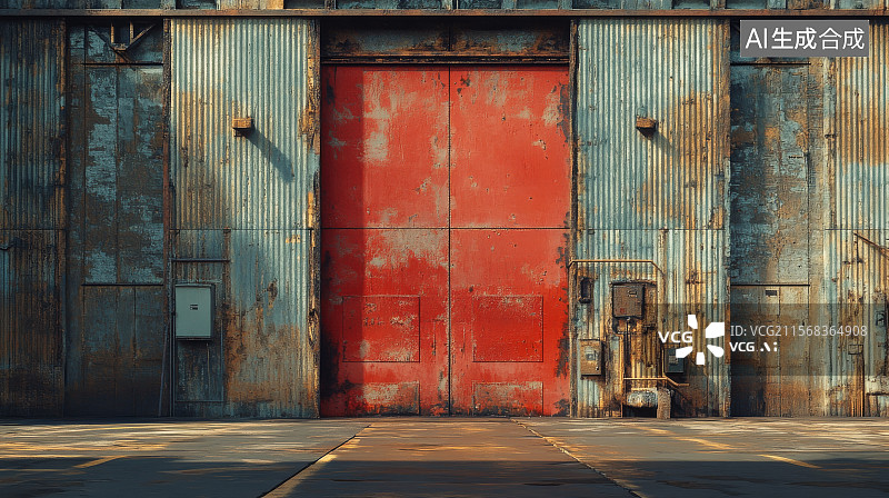 【AI数字艺术】旧工业建筑的红色大门图片素材