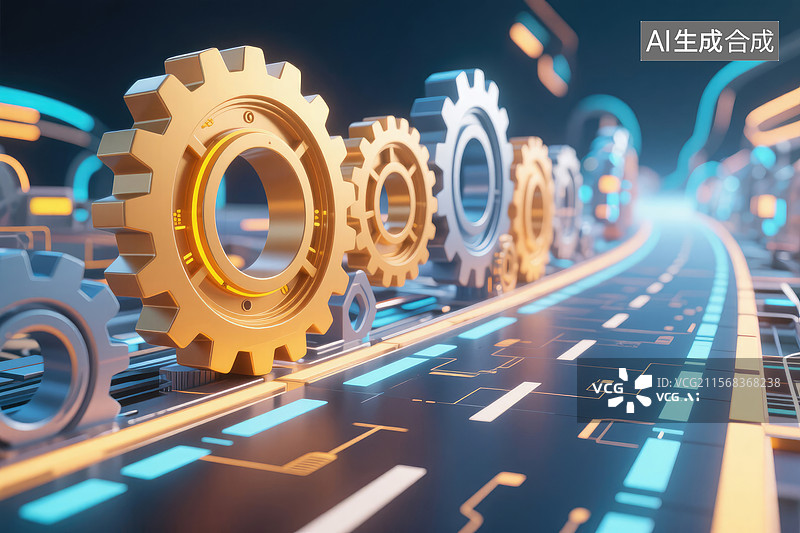 【AI数字艺术】科技齿轮系统与未来之路图片素材