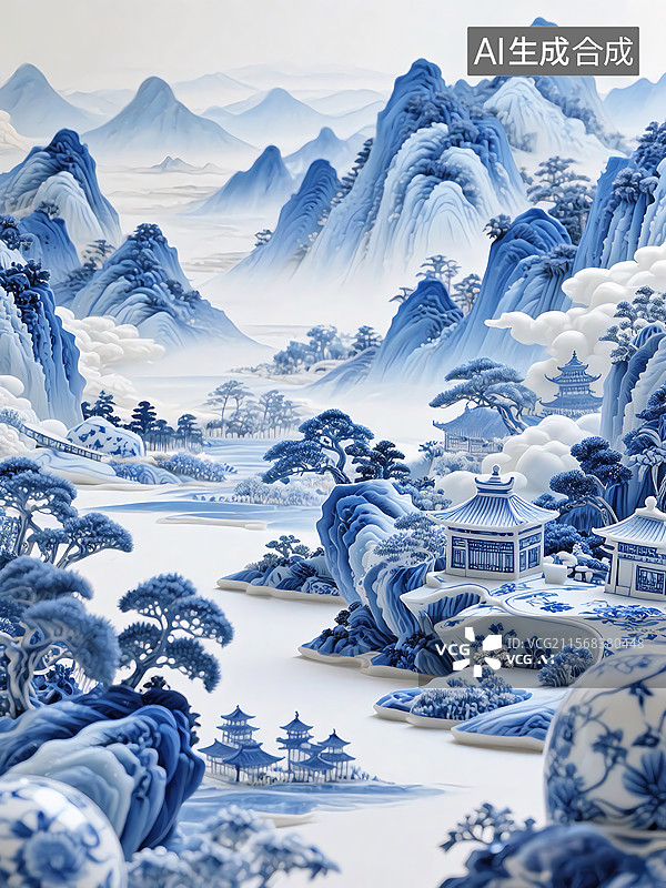 【AI数字艺术】国潮水墨画青花瓷高山河流风景图片素材