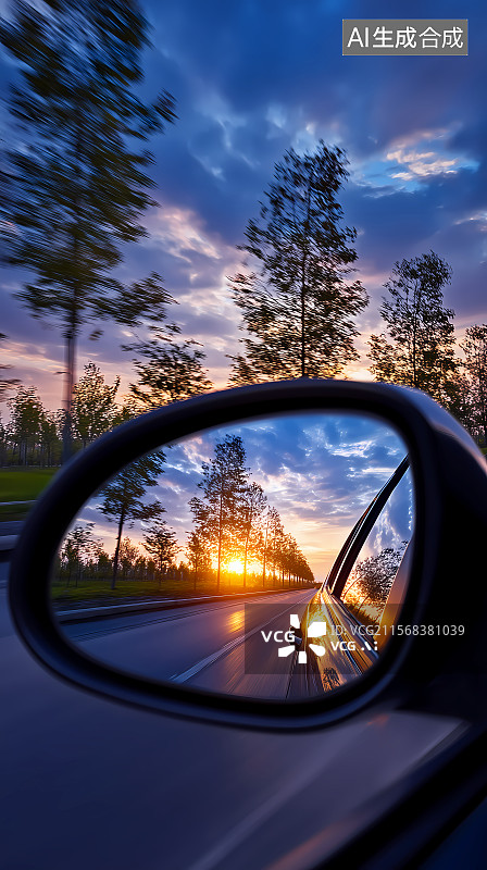 【AI数字艺术】后视镜里的黄昏风光图片素材