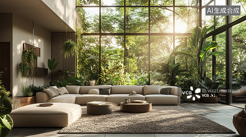 【AI数字艺术】落地玻璃幕墙与天窗现代敞室图片素材