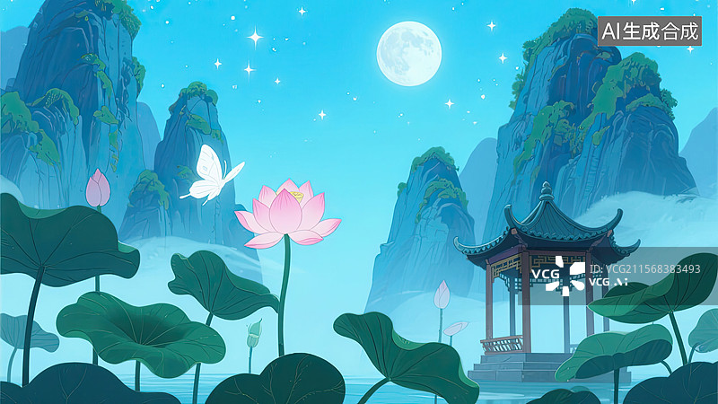 【AI数字艺术】夏日，荷花，白蝴蝶，月亮，背景图片素材