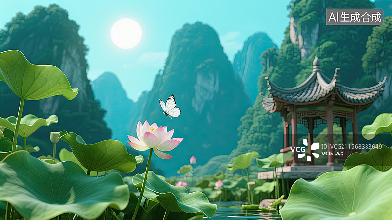 【AI数字艺术】夏日，荷花，白蝴蝶，节气插画，背景图片素材