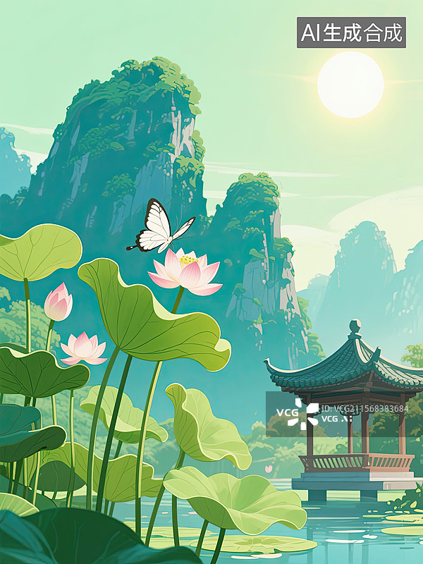 【AI数字艺术】夏日，荷花，白蝴蝶，节气插画，背景图片素材