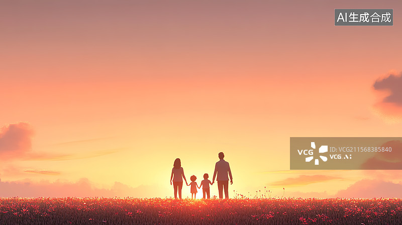 【AI数字艺术】幸福的一家四口走在夕阳黄昏中插画——二孩生育概念图片素材