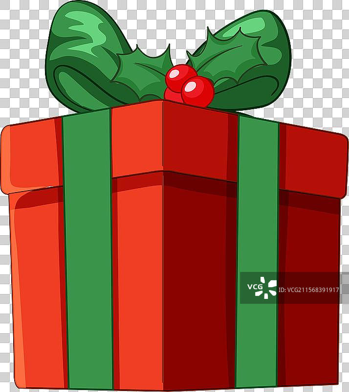 红色礼品盒，配有绿色丝带和冬青装饰图片素材