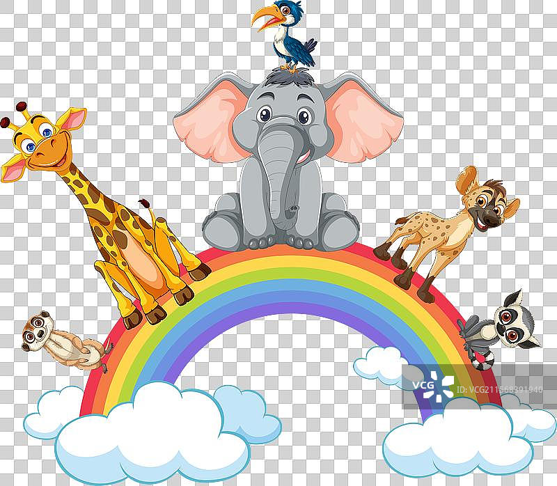 可爱的动物坐在五彩斑斓的彩虹上图片素材