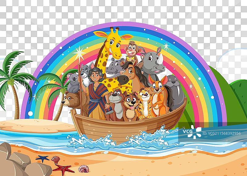动物在船上与彩虹相伴图片素材