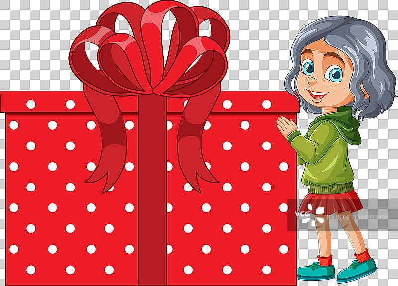 一个女孩站在一个大礼盒旁边图片素材